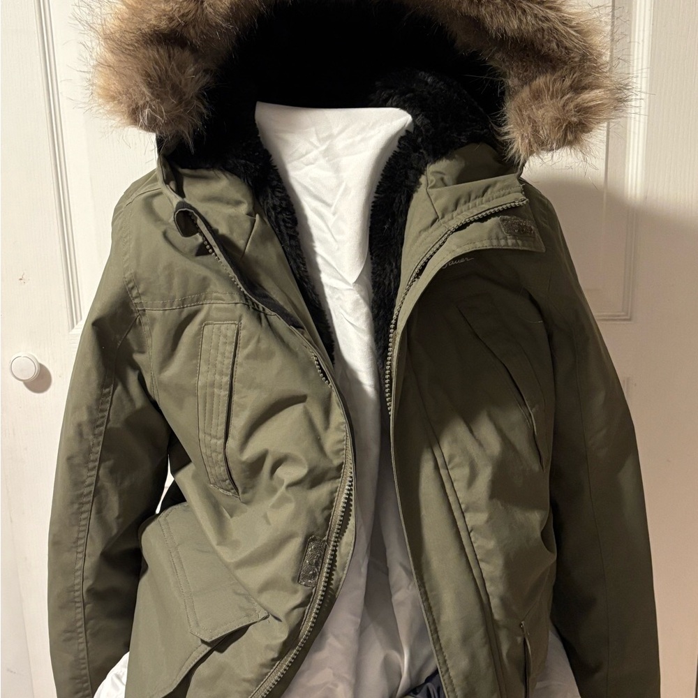Eddie Bauer Girls Olive Green Down Parka with Faux Fur Hood & Inner Lining
